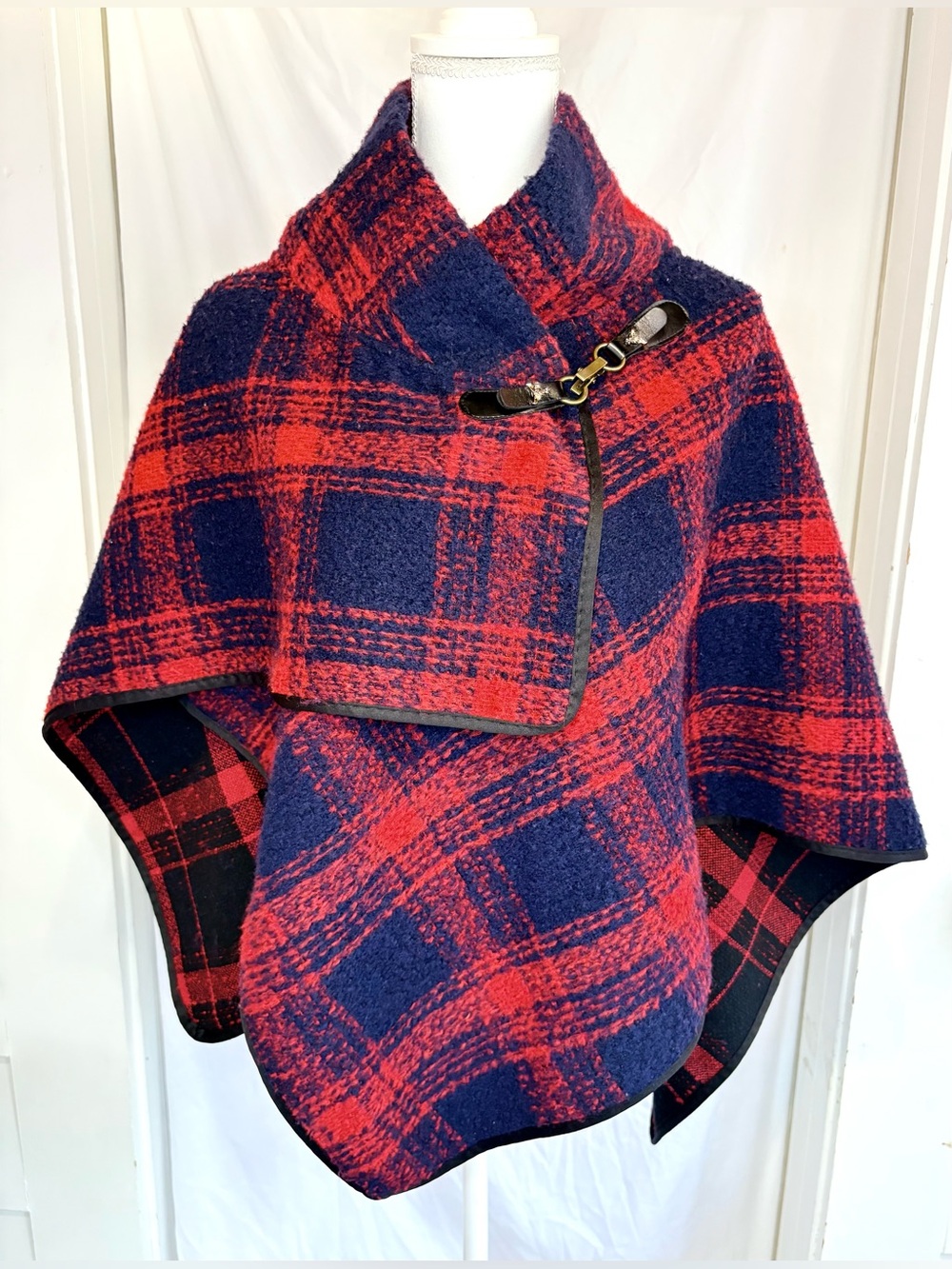 Kimberly C Red Navy Plaid Collared Cape Poncho Wrap One Size